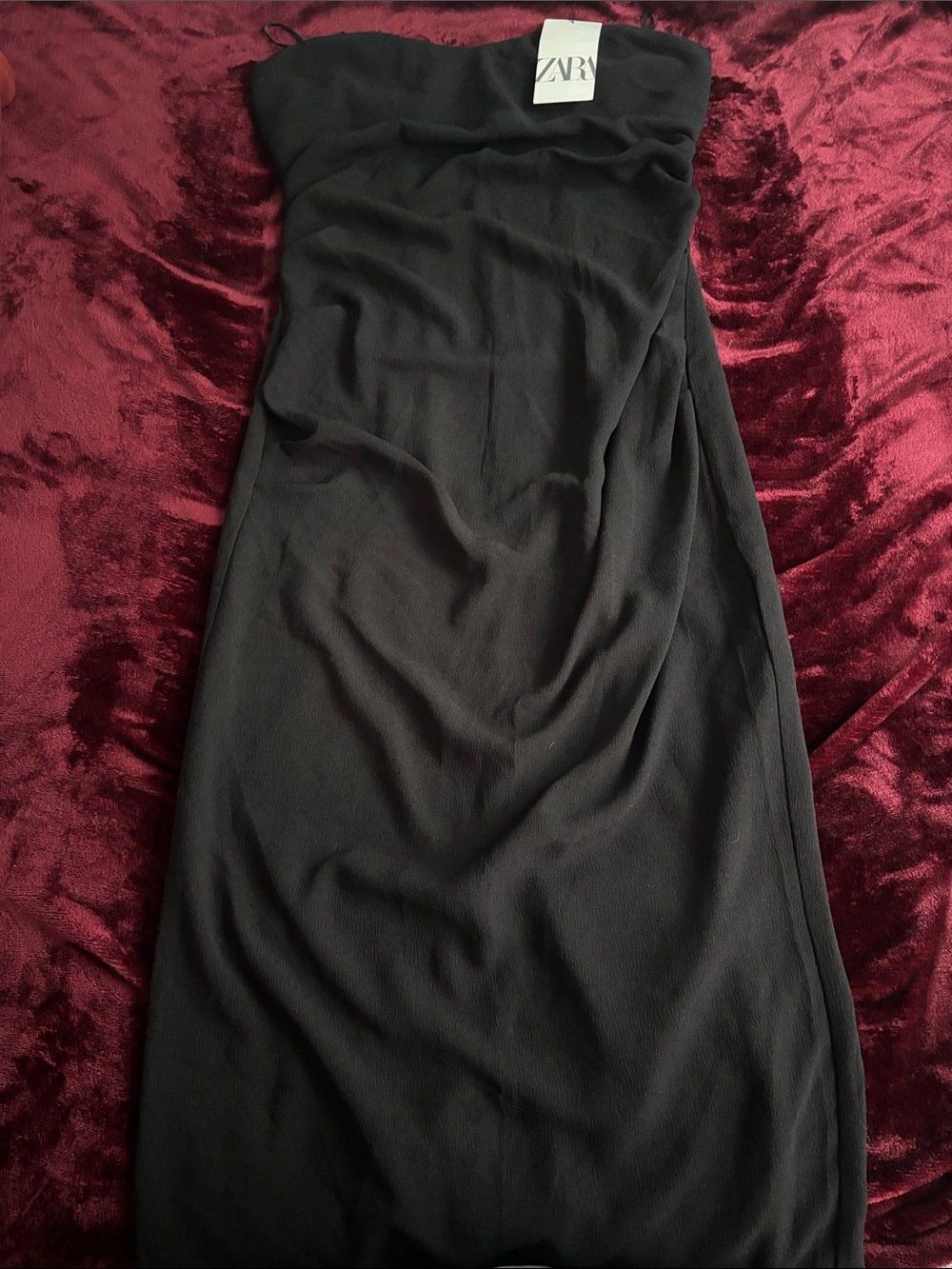 Zara Black Strapless Midi Dress with Subtle Draping